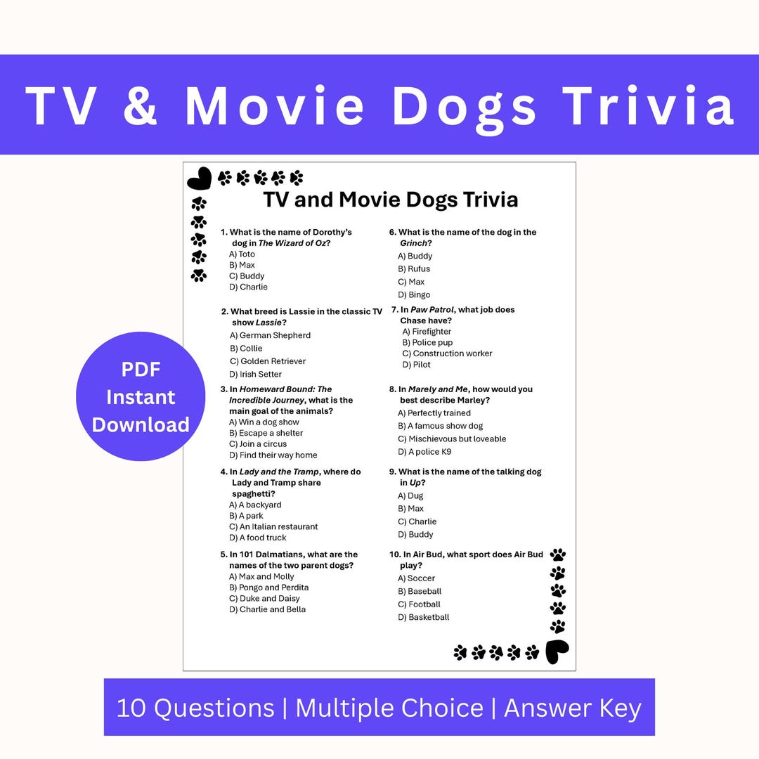 TV & Movie Dogs Trivia Printable | Famous Dogs Quiz Game | Dog Themed ...