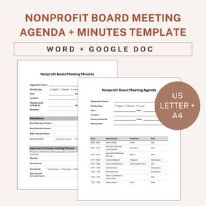 May include: A template for nonprofit board meeting agendas and minutes, available in Word and Google Doc formats. The design includes sections for meeting details, attendance, and agenda items. A US Letter and A4 size option is available.