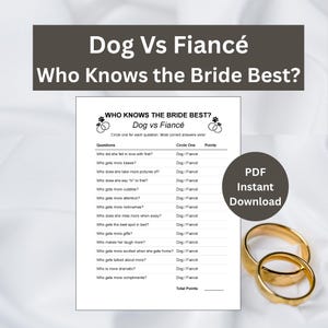 Op de afbeelding: Een afdrukbaar spelblad getiteld "Hond vs. Verloofde: Wie kent de bruid het beste?" met vragen over de bruid. Inclusief een PDF direct download optie en twee gouden trouwringen.
