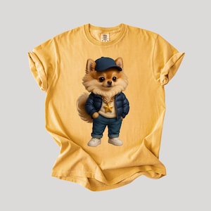 Bonita camiseta de Pomerania estilo hip hop para hombres, mujeres y adolescentes. Divertida camiseta con estampado de perro de dibujos animados, chaqueta y gorra estilo streetwear con cadena de estrellas.