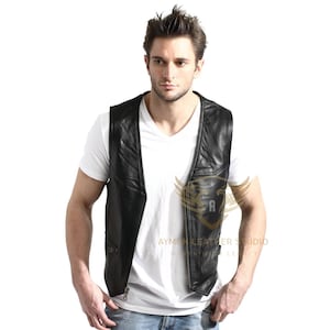 Men&#39;s Genuine Leather Biker Vest - Black Motorcycle Sleeveless Jacket - Vintage Western Style Waistcoat - Handmade Leather Biker Vest