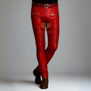 Men’s Red Sheepskin Leather Pants – Red Slim Fit Motorcycle Pants | Leather Biker Pant | Streetwear Fashion | Gothic Style | Steampunk Pant