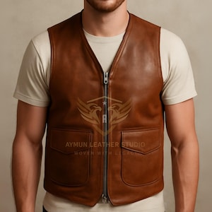 Men&#39;s Genuine Leather Biker Vest - Brown Sleeveless Jacket - Vintage Western Waistcoat - Tailored Leather Apparel - Leather Motorcycle Gear