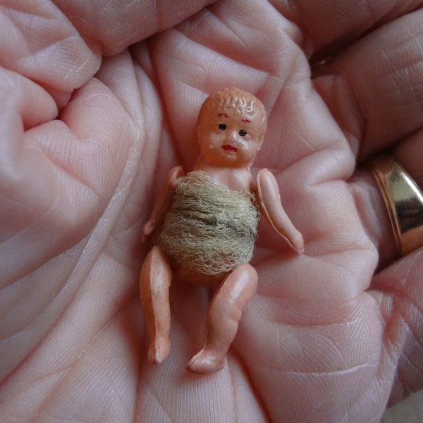 Teeny Celluloid Baby Doll * 5 Piece Body * Swaddling Wrap * Slight Dent in Upper Chest * Doll has 2 Right Arms! Still Very Charming Doll!