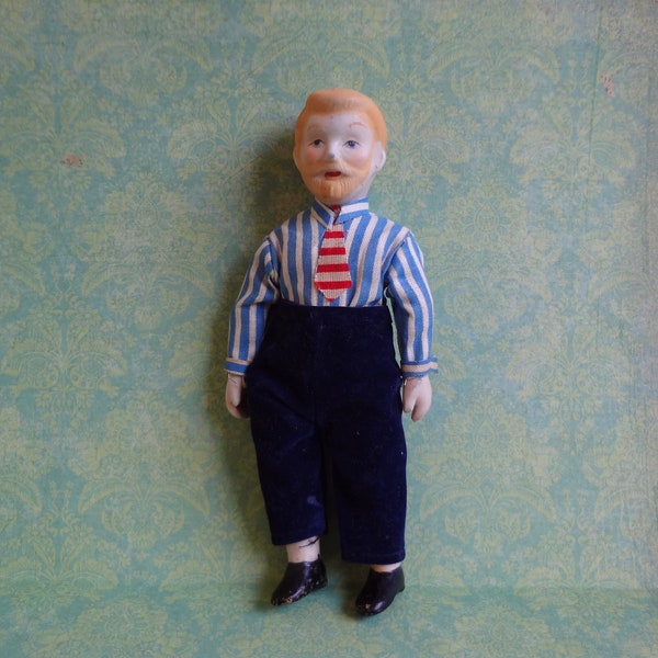 Porcelain Doll House Doll Wearing Striped Shirt, Tie and Navy Velvet Pants * 5 Piece Strung Doll * Vintage * 6 Inch Blonde Bearded Male Doll