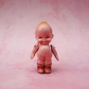 Antique Miniature Bisque Japan Pudgy Belly Pouty Face Doll * Early 1900s * Wire Jointed Arms Doll House Doll * Conversation Piece Doll!