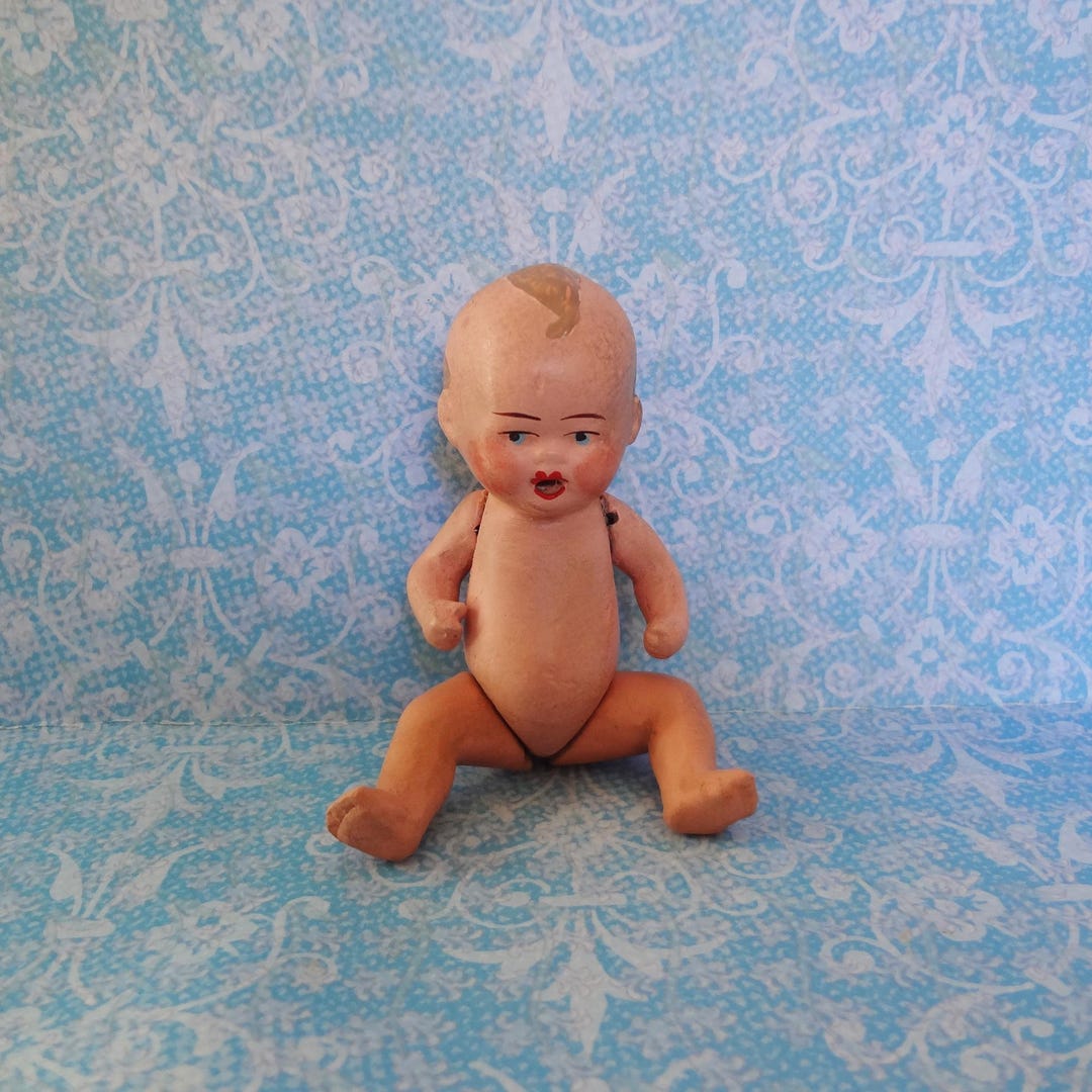 Antique Hertwig German Baby Bisque Miniature Doll With Clenched