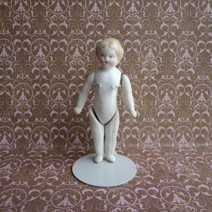 Antique German Bisque Miniature Wire Pin Jointed 3-3/8&quot; Blond Molded Hair Sweet Face Doll House Doll
