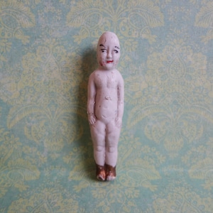Antique Bisque Miniature Frozen Charlotte Figurine * Egg Head Shaped Head * 2-3/8 Inch Penny Type Doll House Doll with Gold Boots!