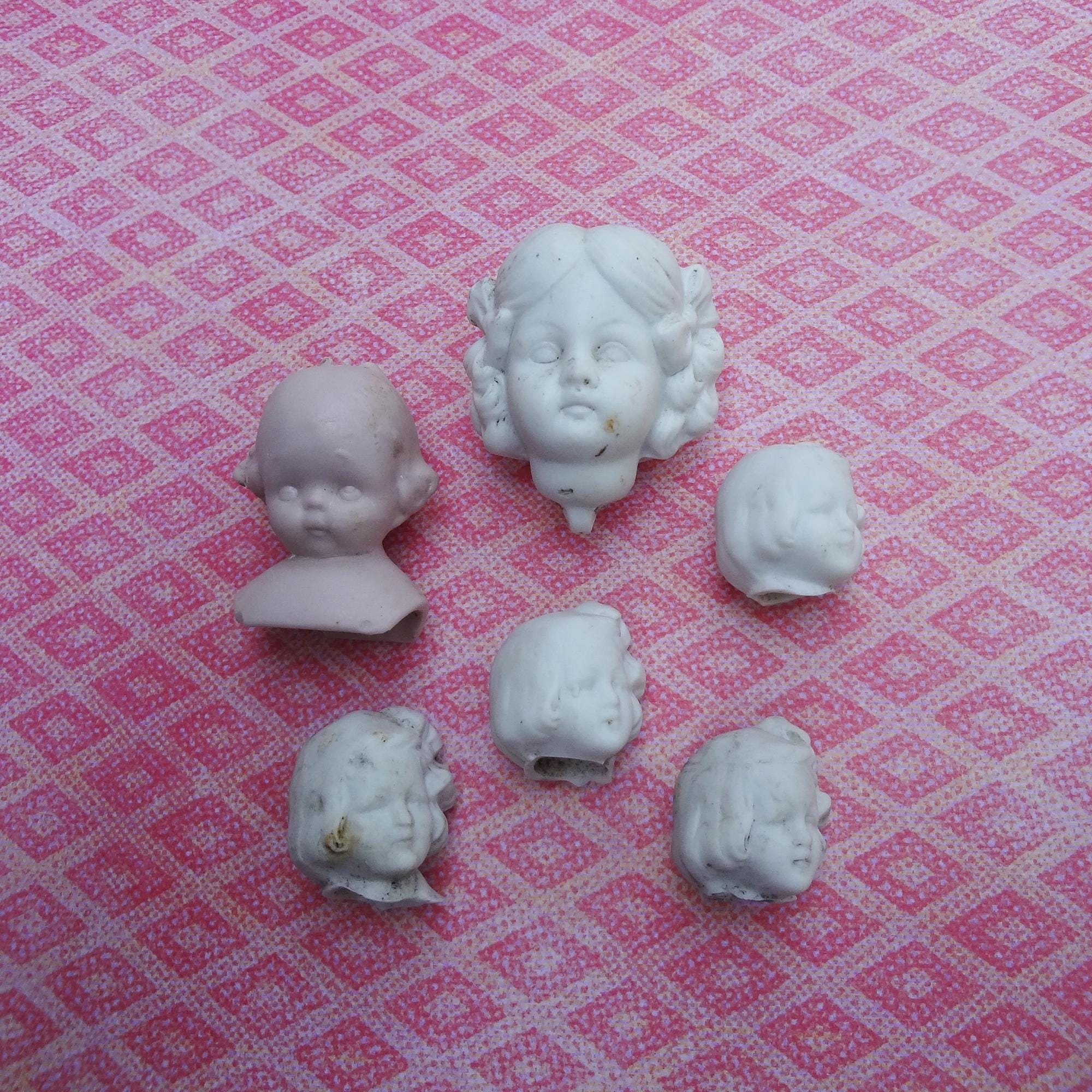 Antique Miniature Bisque Broken Off Female Heads & Pink Shoulder Plate for Re-purpose Projects * Thuringia German Doll/Figurine Heads * 6PCS