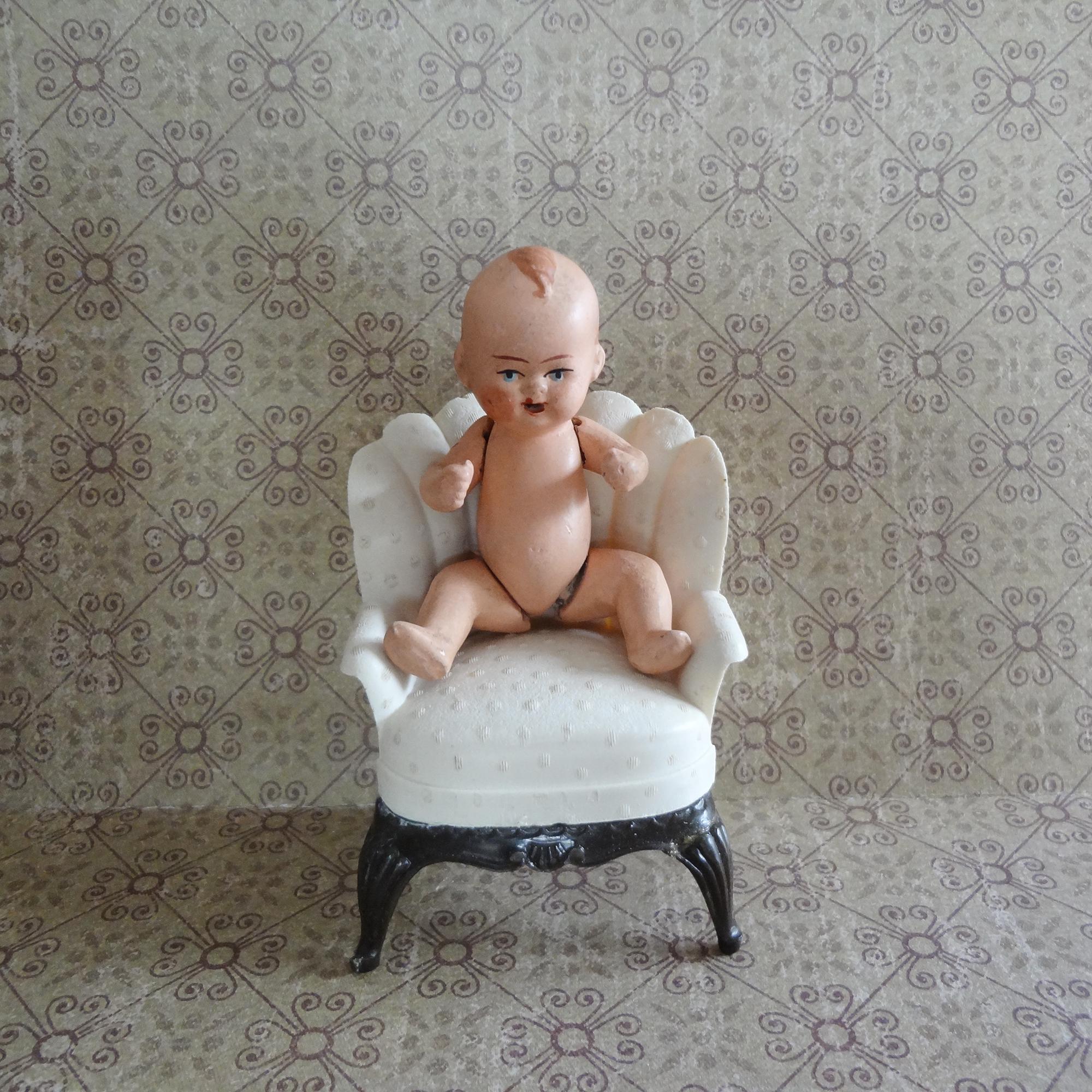 Antique Hertwig German Baby Bisque Miniature Doll With Clenched