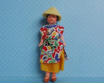 Antique Hertwig Miniature Bisque 3-1/4" Wired Jointed 5 Piece Ethnic Dollhouse Doll with Original Clothing & Hat in Great Condition