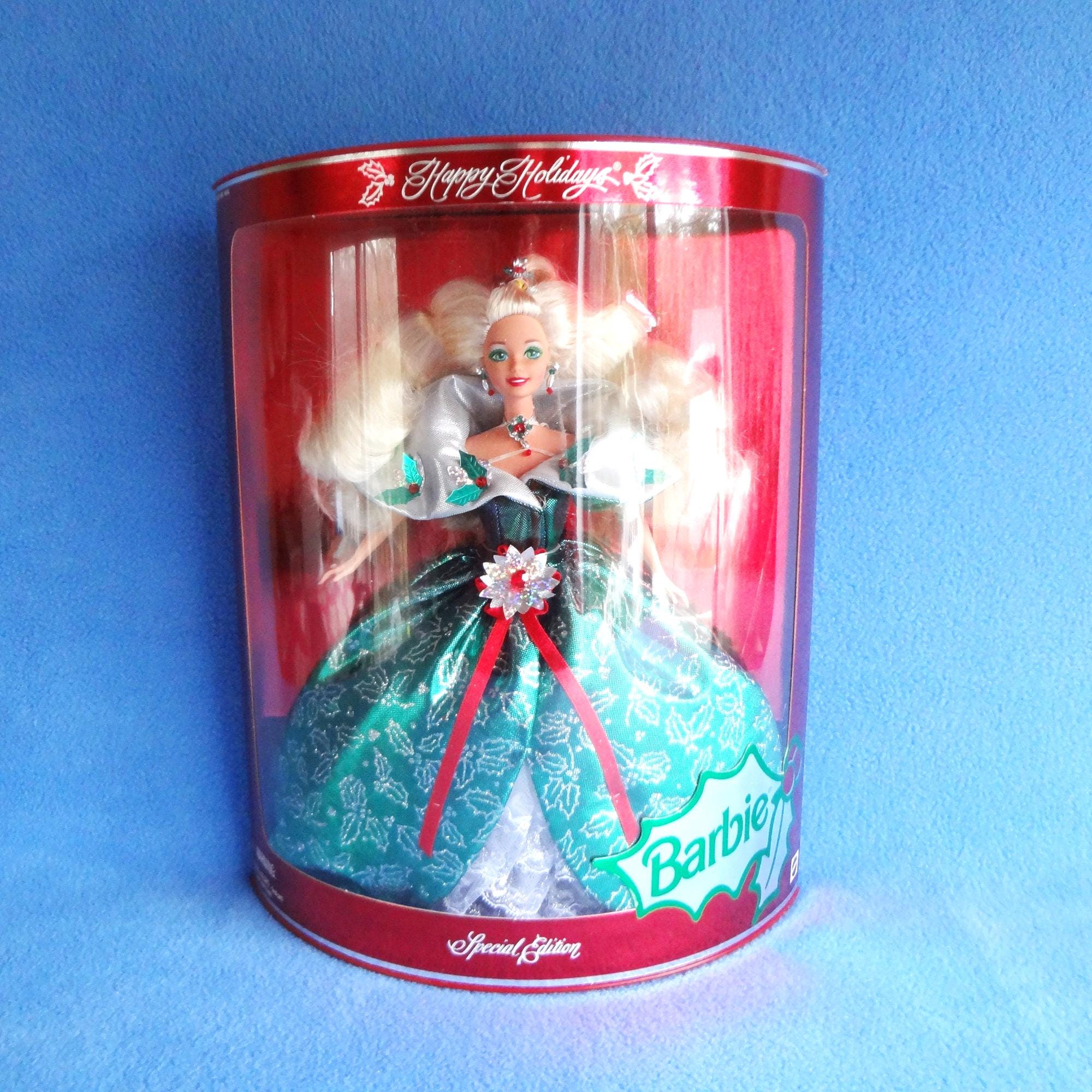 sachin and babi light blue dress Vintage 1995 Happy Holiday Barbie Green Holly Dress, Accessories With Stand main image 0