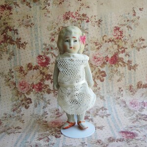 Antique Bisque Miniature 5 Piece Wire Jointed Imperfect Japan Dressed Doll * 1930s * 5-1/4&quot; Molded Hair & Hair Bow Doll House Doll * READ