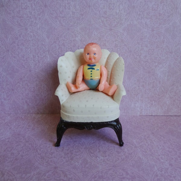 Vintage 2-1/4" Renwal 1940's Miniature Side Glancing Eyes Hard Plastic Dollhouse Doll in Yellow Shirt and Blue Undies * Movable Arms & Legs