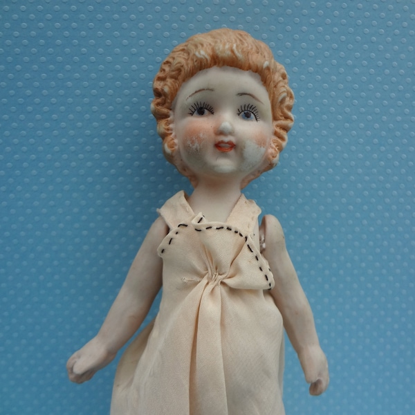 Antique Bisque 8" Strung Japan Dollhouse Doll, Molded 1850's Style Hairdo, Molded High Boots with Buttons, Needs Some TLC