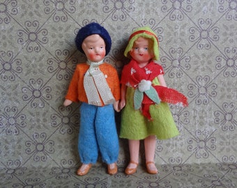 Antique Hertwig Miniature Bisque * 5 Piece Wired Jointed 3-3/8" Dolls * Pair * All Original Bright Color Clothing & Hats! * Very Clean!