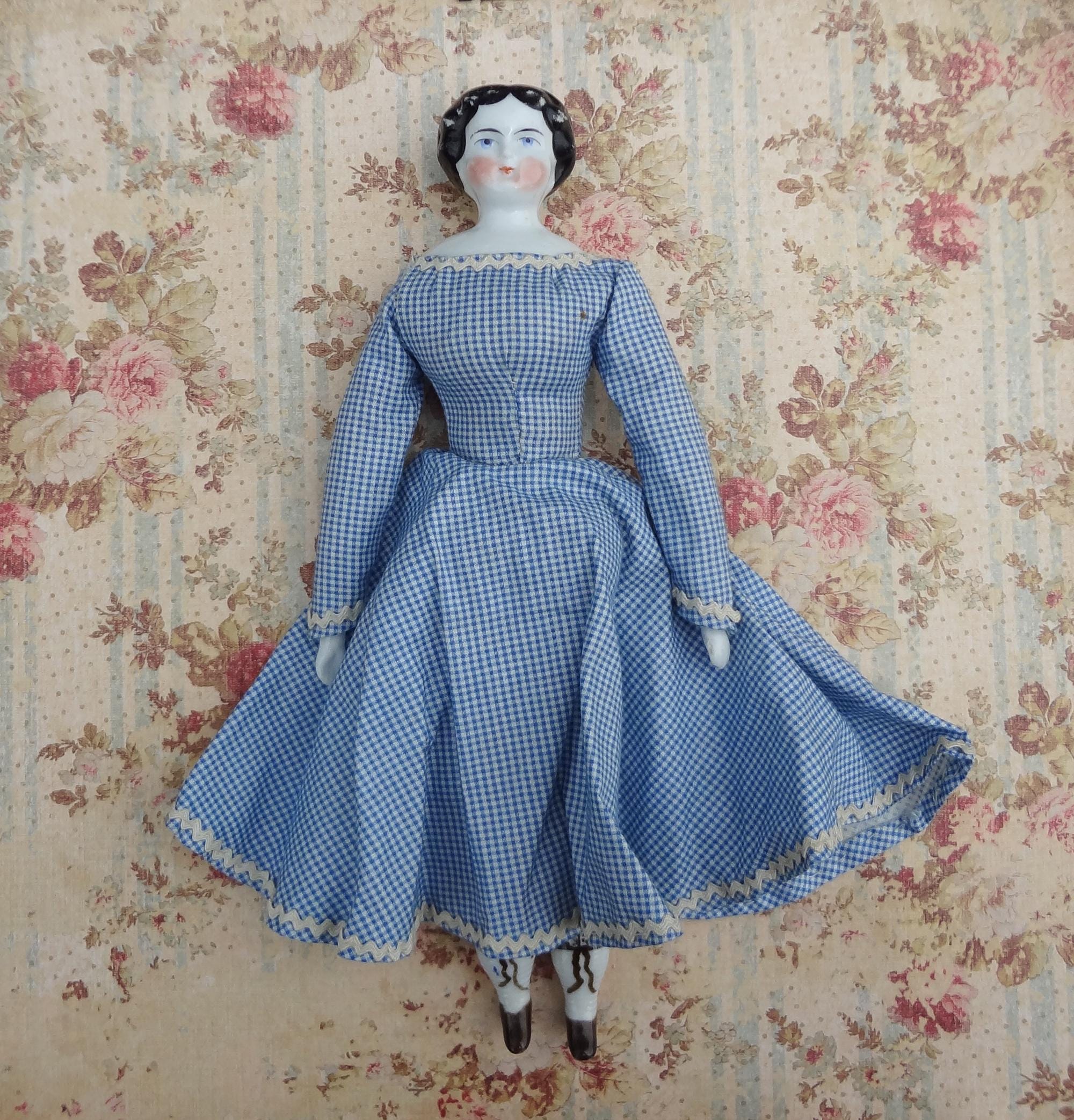 1860s China Head Shoulder Plate Doll with Porcelain Limbs & Cloth Body * Civil War 9-1/2" Doll House Doll with Blue Checkered Dress