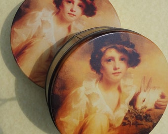 Boy & Bunny Tins * Victorian Inspired Vintage Round Tins * Sweet Face Boy with Cap and Curls! Great Easter Gift or Storage Pair of Tins