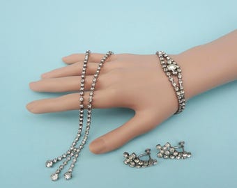 Rhinestone Jewelry Set * Vintage Clear Rhinestone Necklace, Bracelet & Earrings * Needs TLC * Read