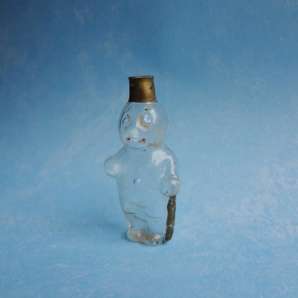 Antique Figural Perfume Bottle * Clear Miniature Molded Glass Character Bottle * Snowman with Cane? * Early 1900's