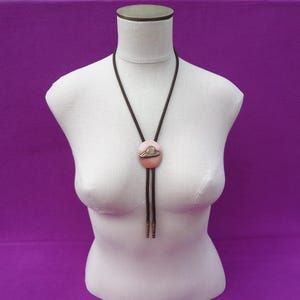 Antique Western Bolo Neck Tie Wear * Copper with Brass Cowboy Hat and Brass Tips attached to Brown Cords * 1940s-1950s * Read