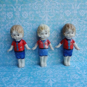 Antique Bisque Triple Set Japan Strung Arms Miniature Roaring 1920s Dolls * Hand Painted * 3-1/8&quot; Doll House Dolls * Wavy Molded Hair