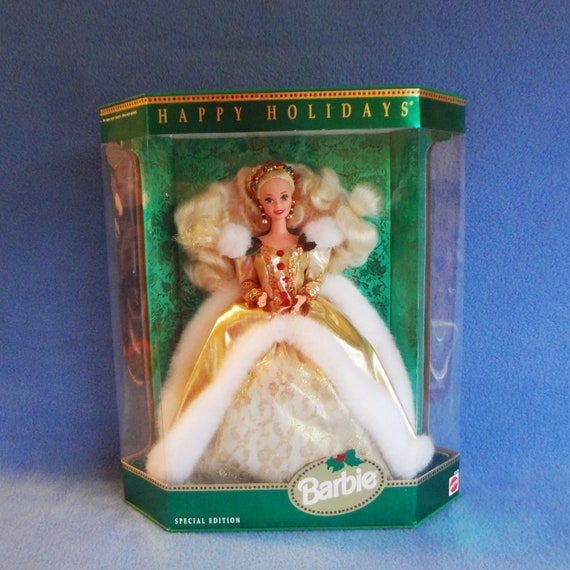 1994 Barbie Happy Holidays Special Edition 7th in Series Gold Gown Faux Fur Beads and Holly Sequins 12155 NRFB Christmas Barbie Mattel Etsy Canada