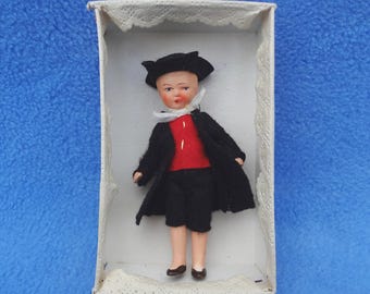Hertwig Antique German Bisque Miniature 3-3/4" Wire Jointed 5 Piece Thuringia Ethnic Doll Original Clothing & Hat * Box Missing Lid