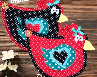 Dizzy Chicks Hot Pad, Muster, digitales Muster, Huhn, Huhn, gequiltet, Topflappen