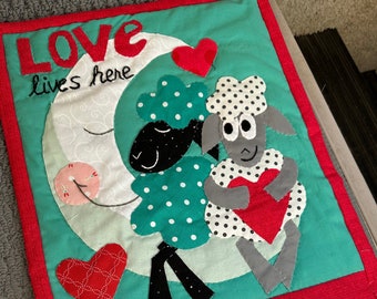 Hand quilted Banner, Love Lives Here, February, Sheep, Wall Hanging, Quilted