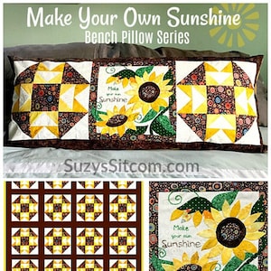 Könnte beinhalten: Ein braunes und gelbes Bankkissen mit einem Sonnenblumenmuster und dem Text "Make your own Sunshine".
