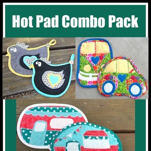 Peut inclure: Ensemble de trois dessous-de-plat représentant un poulet, un camping-car et une voiture vintage. Les dessous-de-plat sont en tissu et ont un design matelassé. Le texte "Hot Pad Combo Pack" et "3 Fun Patterns!" est affiché sur l'image.