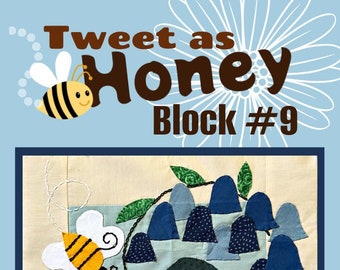 Tweet as Honey Quilt Pattern, bluebells, bees, birds, flowers, quilt pattern, pdf pattern, quilt block pattern