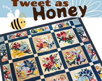 Tweetuj jako Wzór Honey Print at Home, pszczoły, ptaki, kwiaty, wzór kołdry, wzór pdf, wzór bloku kołdry