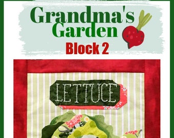 quilt block pattern, digital pattern, print at home pattern, lettuce, Grandma's Garden, vintage, vegetables, Applique