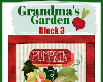 quilt block pattern, digital pattern, print at home pattern, pumpkin, Grandma's Garden, vintage, vegetables, Applique