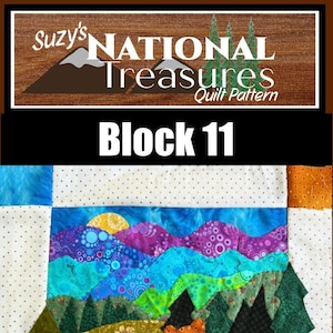 May include: A colorful quilt block featuring a mountain landscape with bears. The design includes a blue sky, purple mountains, green trees, and two brown bears. The text "Smoky Mountains National Park" is also visible.