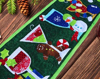 Holiday Spirits Table Runner Quilt Pattern, Christmas Applique (PDF Pattern)