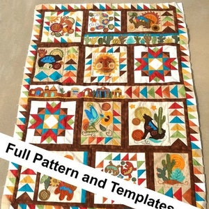 digital quilt pattern, quilt, quilting, sonoran trail, southwest, desert theme, applique, wool blend applique, sewing pattern, print at home