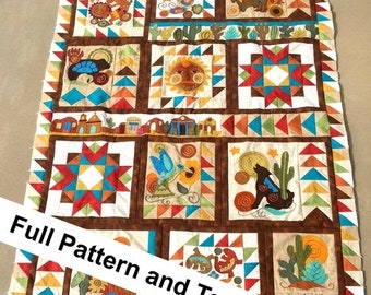 digital quilt pattern, quilt, quilting, sonoran trail, southwest, desert theme, applique, wool blend applique, sewing pattern, print at home
