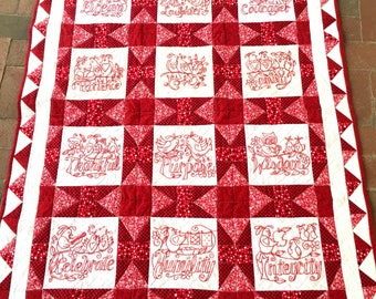 Words to Live By Quilt Pattern, Redwork Embroidery (Hard Copy Pattern)