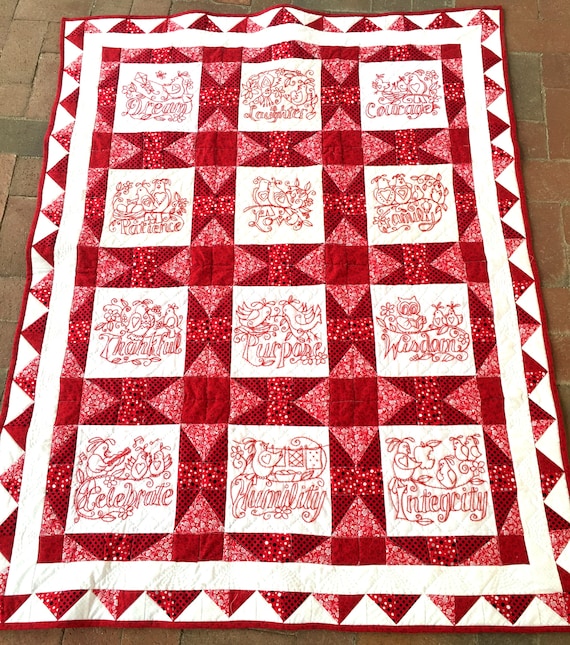 Words to Live by Quilt Pattern, Redwork Embroidery (hard Copy