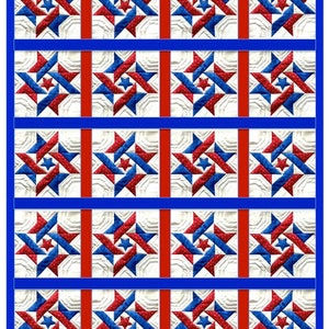 May include: A patriotic quilt featuring a repeating pattern of red and blue starbursts and vertical red stripes on a white background. The quilt is framed with a blue border, showcasing a classic Americana design.