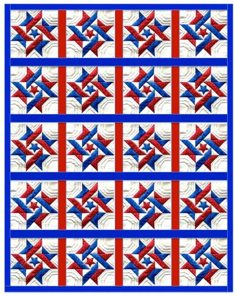 May include: A patriotic quilt featuring a repeating pattern of red and blue starbursts and vertical red stripes on a white background. The quilt is framed with a blue border, showcasing a classic Americana design.