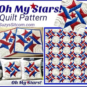 May include: A quilt pattern featuring a red, white, and blue star design. The pattern is called "Oh My Stars!" and is available on the website SuzysSitcom.com.