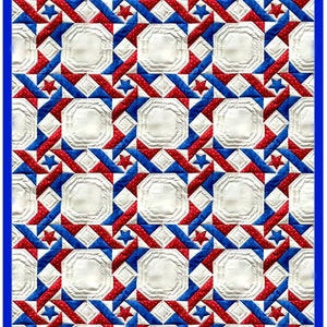 May include: A patriotic quilt with a repeating pattern of white octagons, red stars, and blue and red geometric shapes. The quilt has a blue border and is likely handmade.