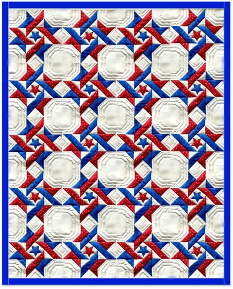 May include: A patriotic quilt with a repeating pattern of white octagons, red stars, and blue and red geometric shapes. The quilt has a blue border and is likely handmade.
