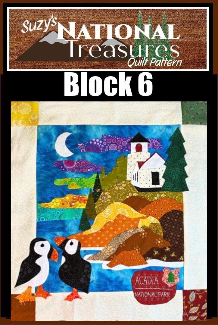 National Treasures Block 6, Acadia National Park, Sew Along, Quilt Pattern, Pattern, National Parks, Puffins, Embroidery
