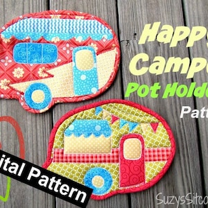 May include: Two colorful fabric pot holders shaped like vintage campers. The pot holders are made of red, yellow, blue, and green fabric with a variety of patterns. The text "Happy Camper Pot Holders Pattern" is written in yellow and green letters on a wooden background. The text "Digital Pattern" is written in black letters on a green heart.